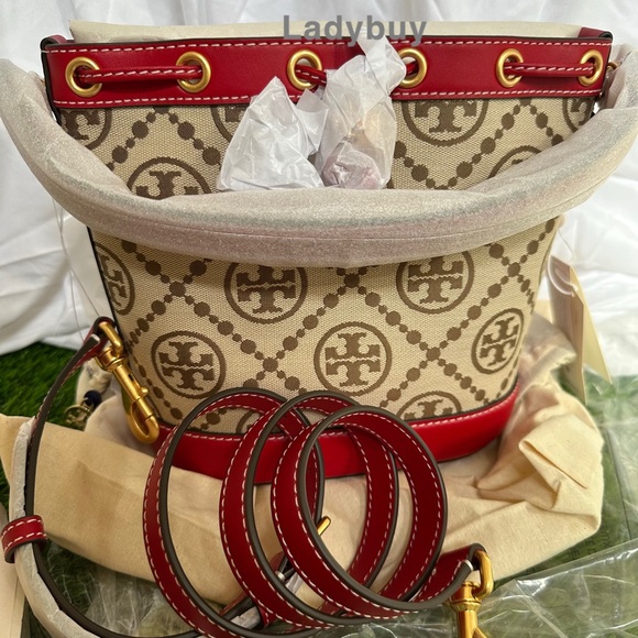 ❇️Tory Burch T Monogram Jacquard Bucket Bag Crossbody Hazelnut Tory Red Gold - Picture 6 of 8
